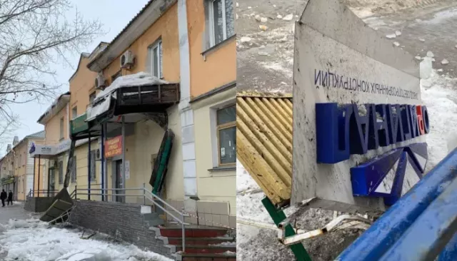 Глыба льда рухнула с крыши и снесла вывеску на пр. Строителей в Барнауле - Толк, 23.03.2025