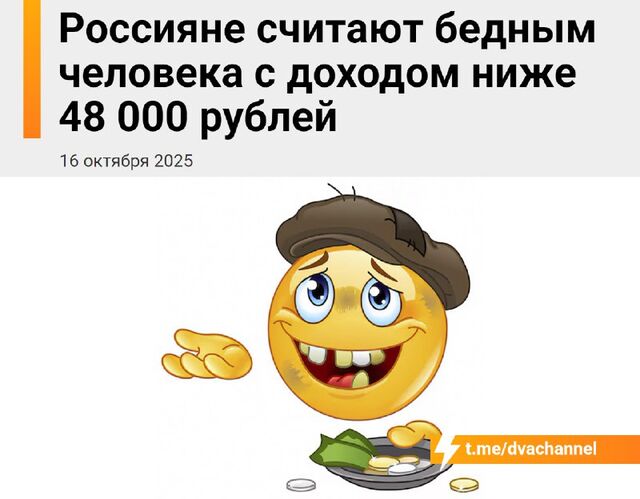 Россияне считают бедным человека с доходом ниже 48 тысяч рублей, показал опрос сервиса по поиску работы - Telegram Владивостока, 16.10.2025