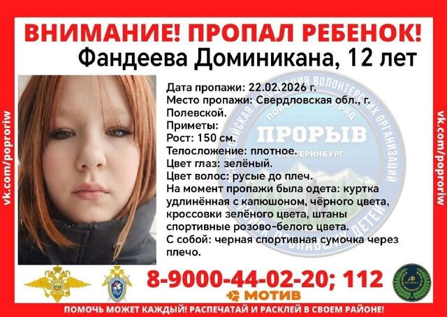 В Свердловской области ищут 12-летнюю Доминикану Фандееву. Как сообщает поисковый отряд «Прорыв», девочка пропала в Полевском 22 февраля. - E1.RU | Новости Екатеринбурга, 23.02.2026
